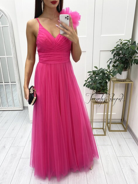Dlhé tylové šaty s volánovým ramienkom Aria - ružové N1873