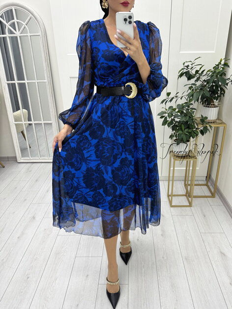 Šifónové kvetinové šaty s opaskom - modro-čierne N1878