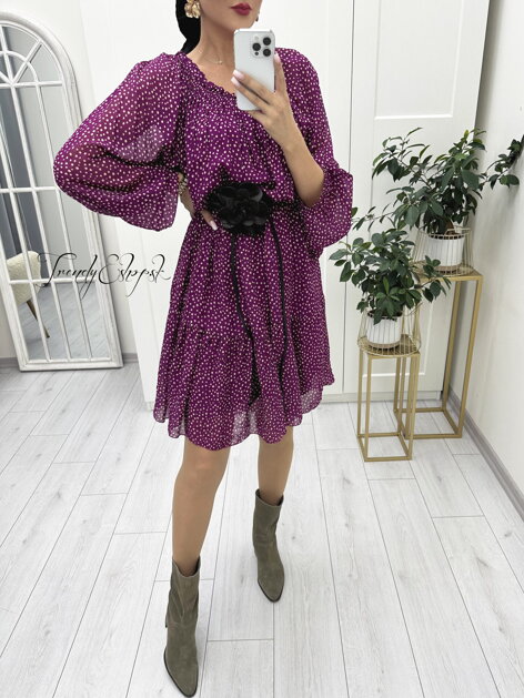 Šifónové guľkované šaty s gumičkovým výstrihom - fialovo-béžové N1748