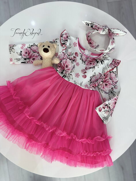 Detské kvetinové šaty s tylovou sukničkou a čelenkou Noemi - cyklamenové N1861