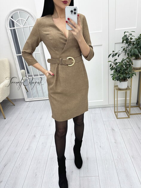 Elegantné puzdrové šaty s opaskom Olivia - hnedé N2860