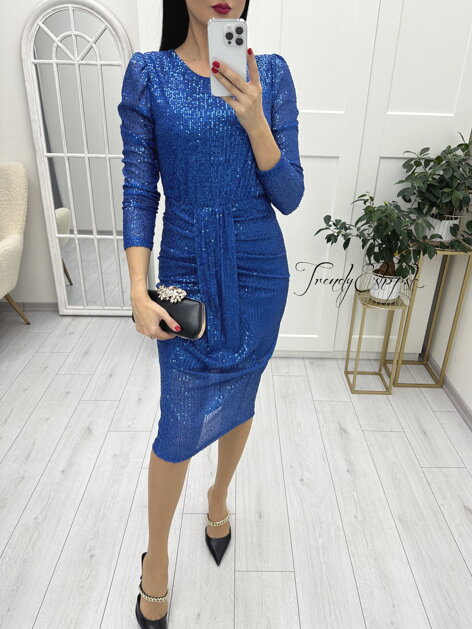 Flitrované šaty s predným riasením Elzie - modré N2376