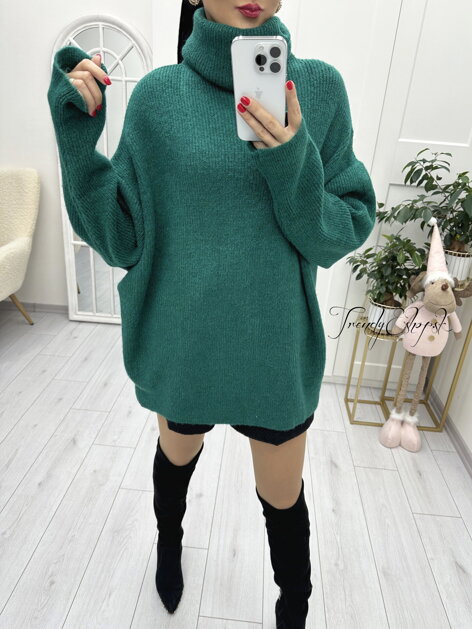 Dlhší pletený sveter s rolákom Timos - smaragdový B1923