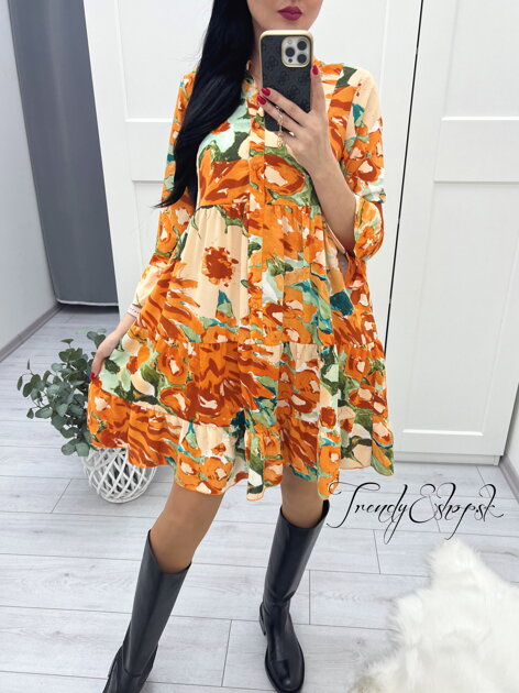 Voľné riasené šaty Naya - oranžové S36