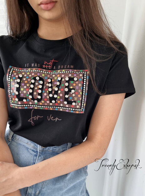 Zdobené tričko s kamienkovým nápisom LOVE - čierne S1367