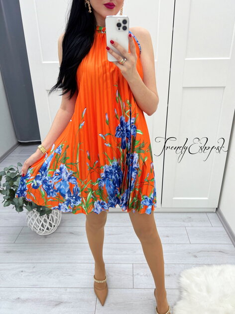 Kvetinové plisované šaty Phoenix - oranžové S988