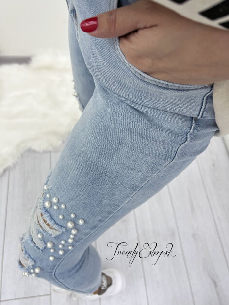 Potrhané skinny džínsy s perličkami - svetlomodré S1154
