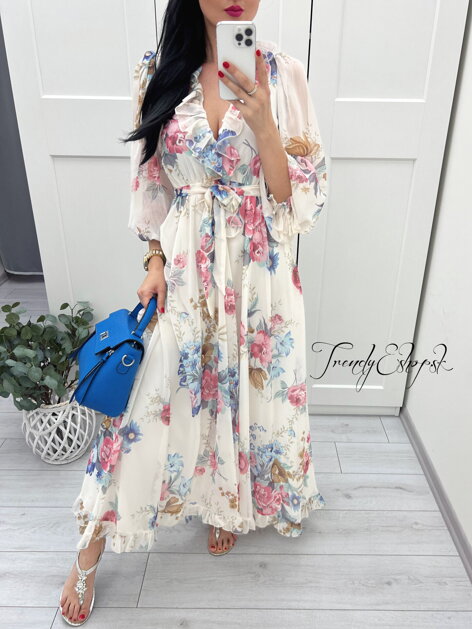 Šifónové kvetinové šaty Madyson - krémové S1281