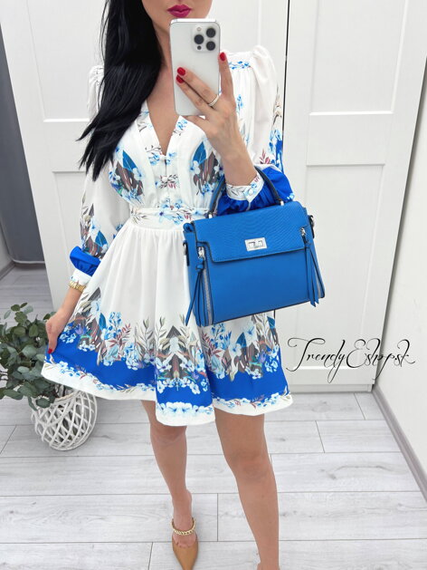 Krátke kvetinové šaty Bella - bielo-modré S1285