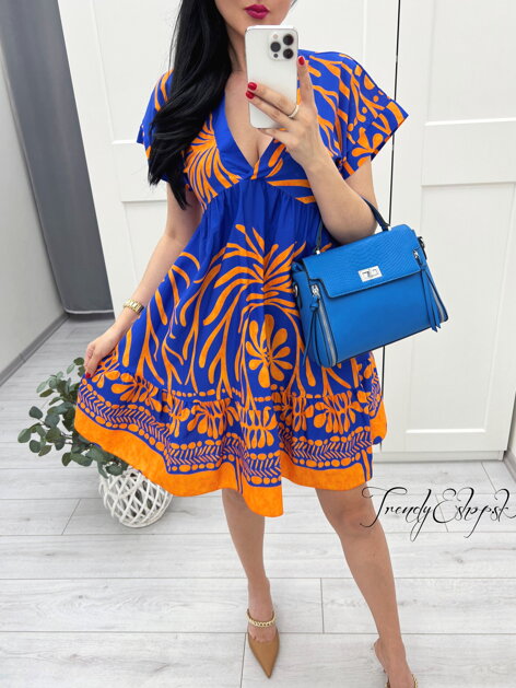 Krátke vzorované šaty Carly - modro-oranžové S1277
