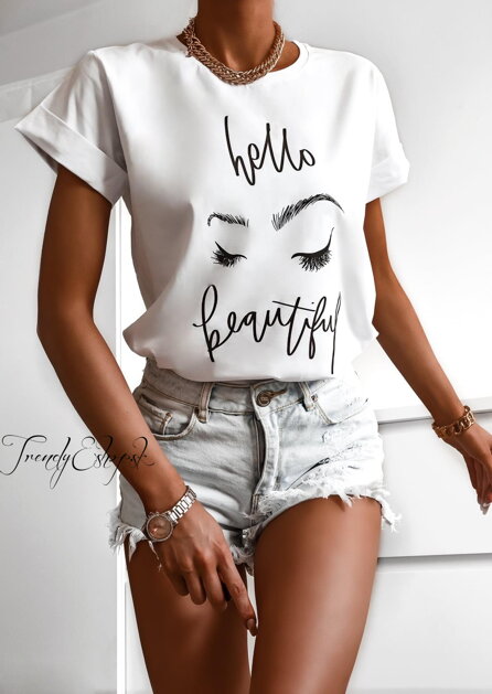 Zdobené tričko Hello Beautiful - biele S2472