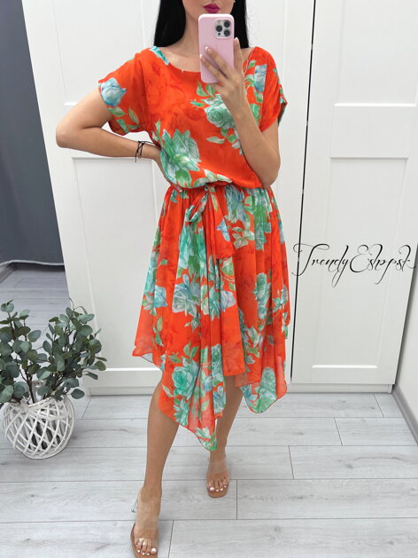 Šifónové šaty s asymetrickou sukňou Kiara - oranžovo-zelené S2412