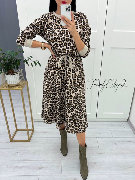 Bavlnené midi šaty s leoparďou potlačou - béžovo-čierne S2862