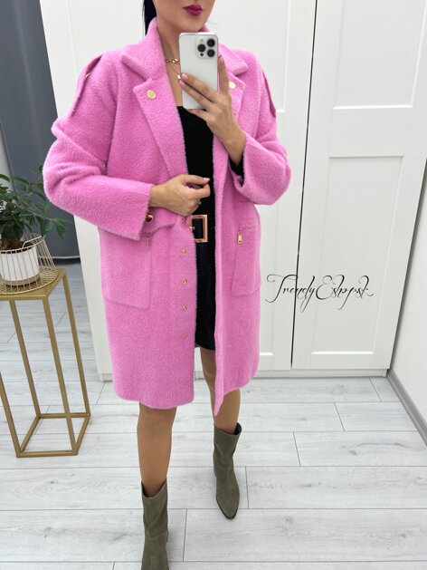 Príjemný kabát Alpaka s vreckami na zips - ružový S3270