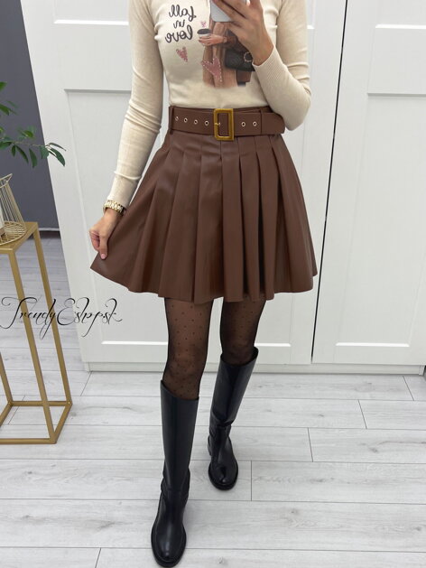Koženková plisovaná sukňa s opaskom - čokoládovo-hnedá S3122