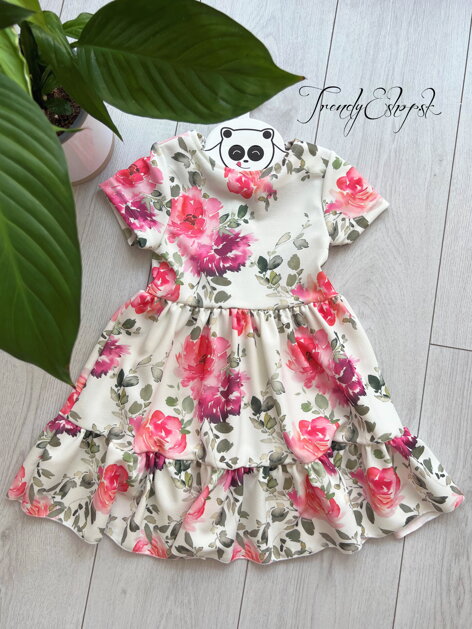 Detské kvetinové šaty s riasenou sukničkou - bielo-ružové S1881