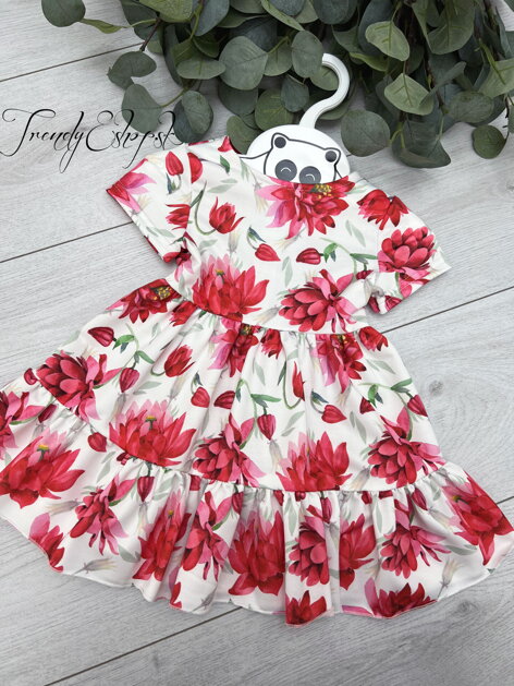 Detské kvetinové šaty s riasenou sukničkou - bielo-červené S465