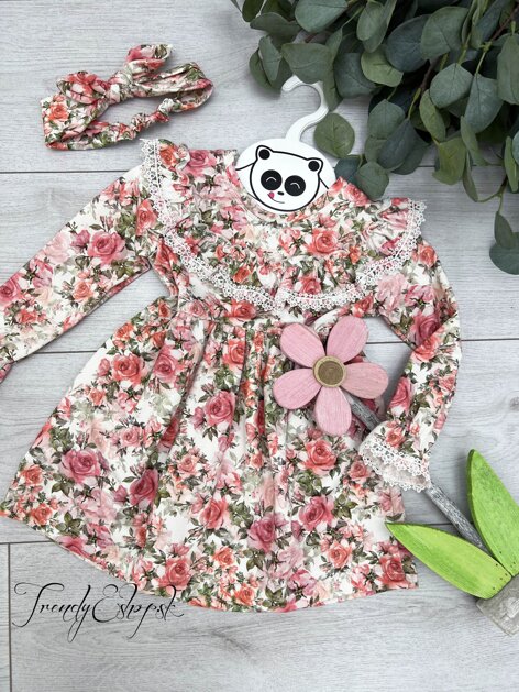 Detské kvetinové šaty s čelenkou od 98 do 128 - ružovo-zelené S471