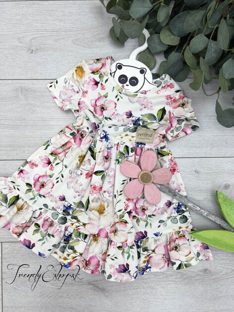 Detské kvetinové šaty s riasenou sukničkou - bielo-zelené S479