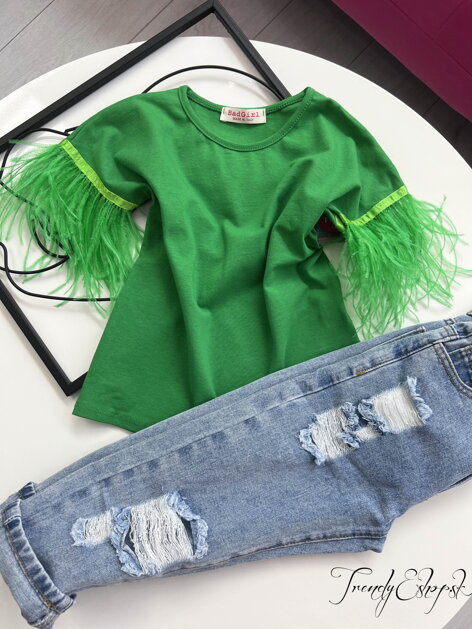 Detské tričko s perím - zelené S2166