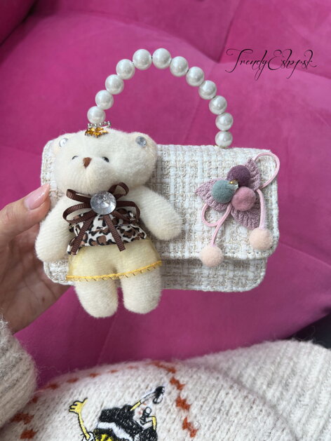 Detská kabelka s perlovým ramienkom Bear - béžovo-biela S2835