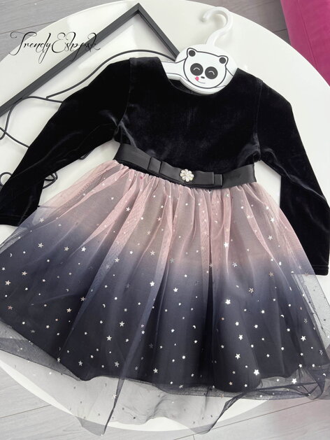 Dievčenské zamatové šaty s tylovou sukňou - čierno-ružové S2861