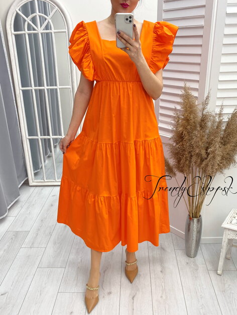 Midi šaty s volánovými rukávmi Fluen - oranžové L752