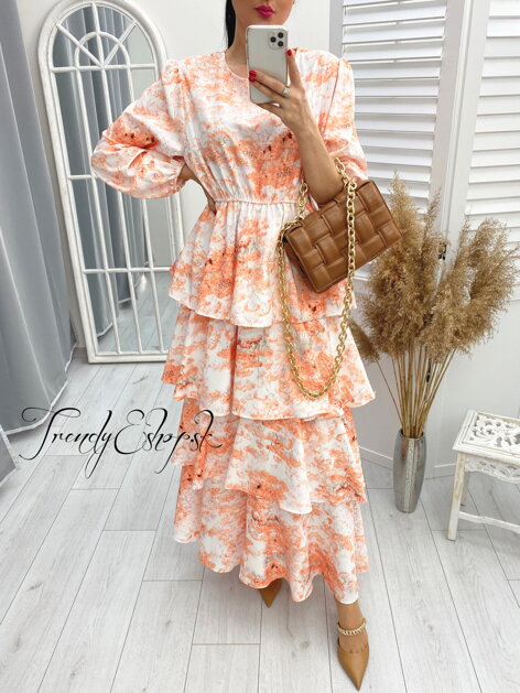Dlhé kvetinové šaty s volánovou sukňou - bielo-oranžové L1051