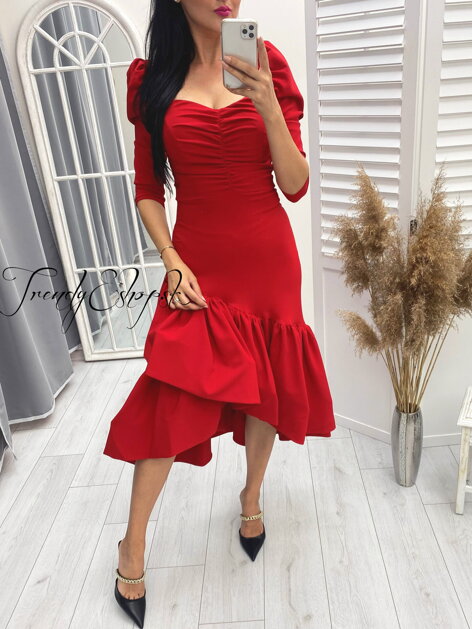 Elegantné šaty s riasenou balónovou sukňou - červené L1740