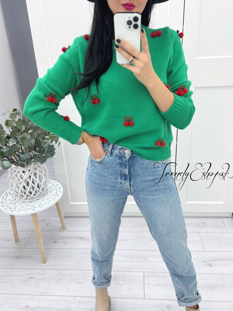 Pletený sveter s ovocím Cherry - zelený L3056