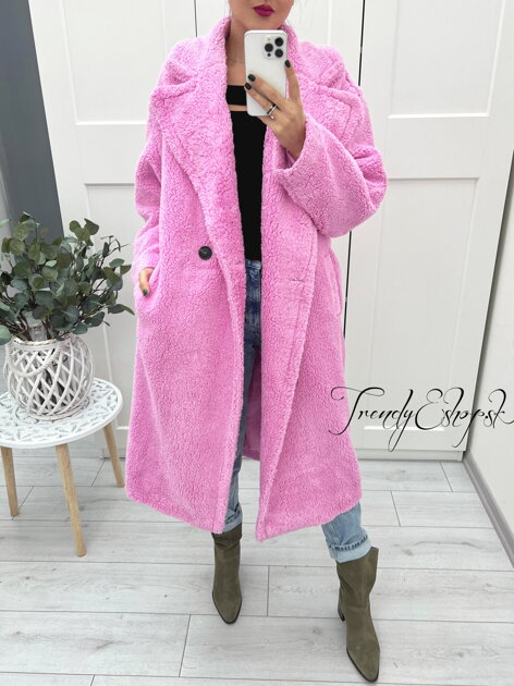 Dlhý TEDDY kabát s golierom - ružový L2452