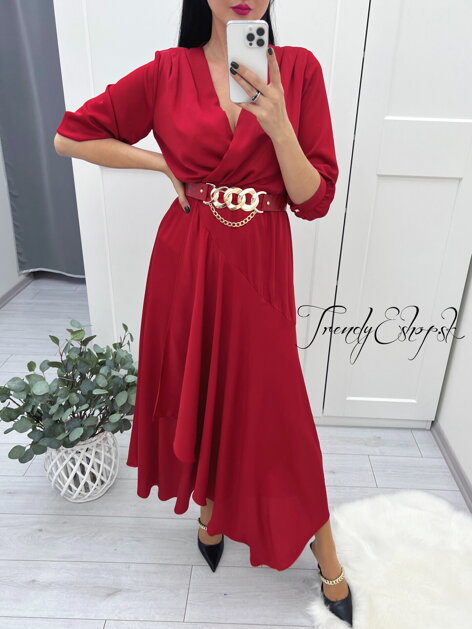 Dlhé elegantné šaty s opaskom Paloma - červené L3205
